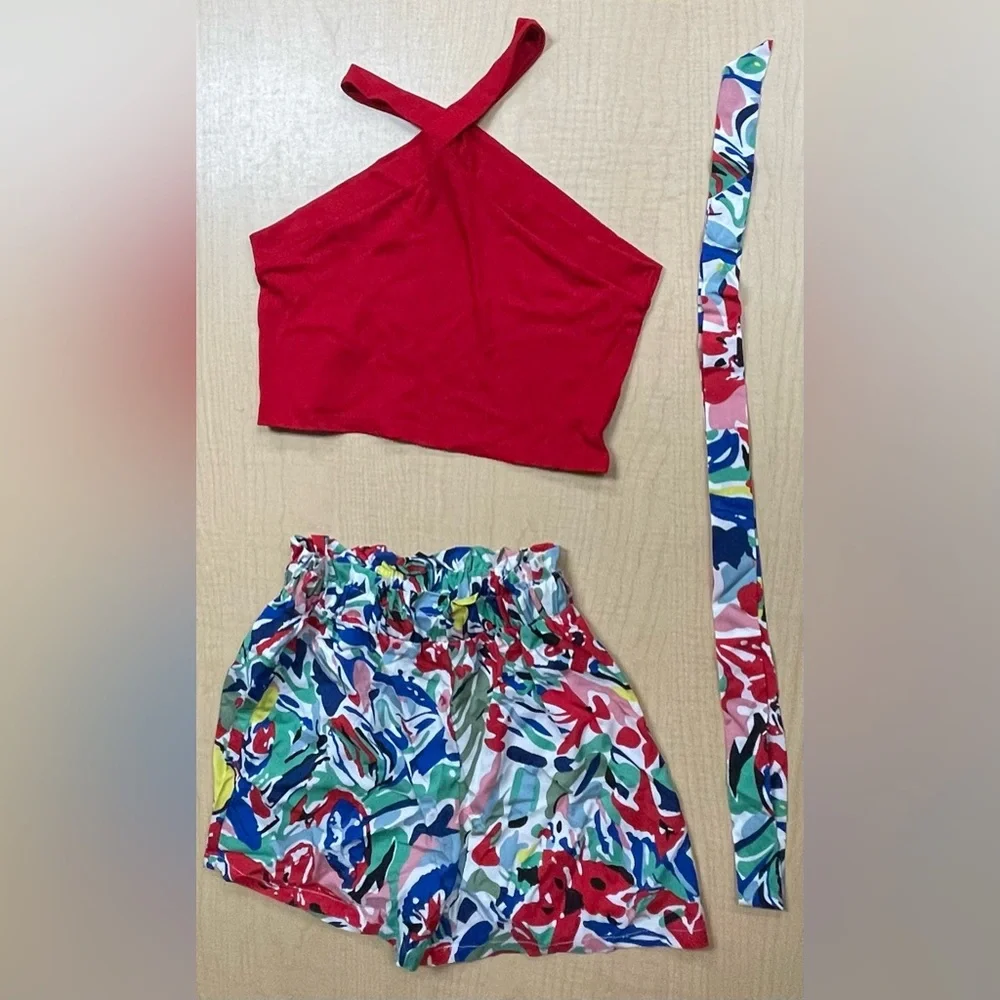NWT SHEIN flowered shorts outfit w/ red halter top w/ belt girls size 11/12
